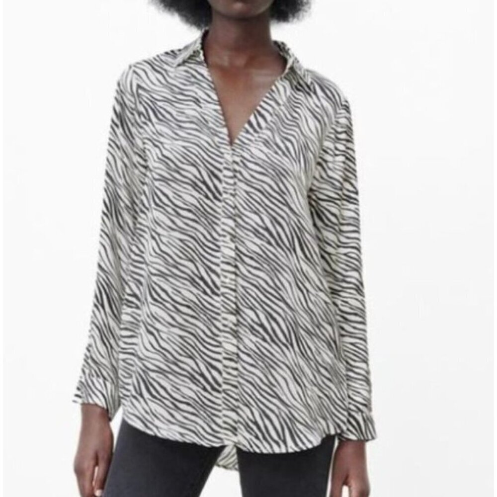 Zara Zebra Long Sleeve Button Front Shirt Size S Satin Feel